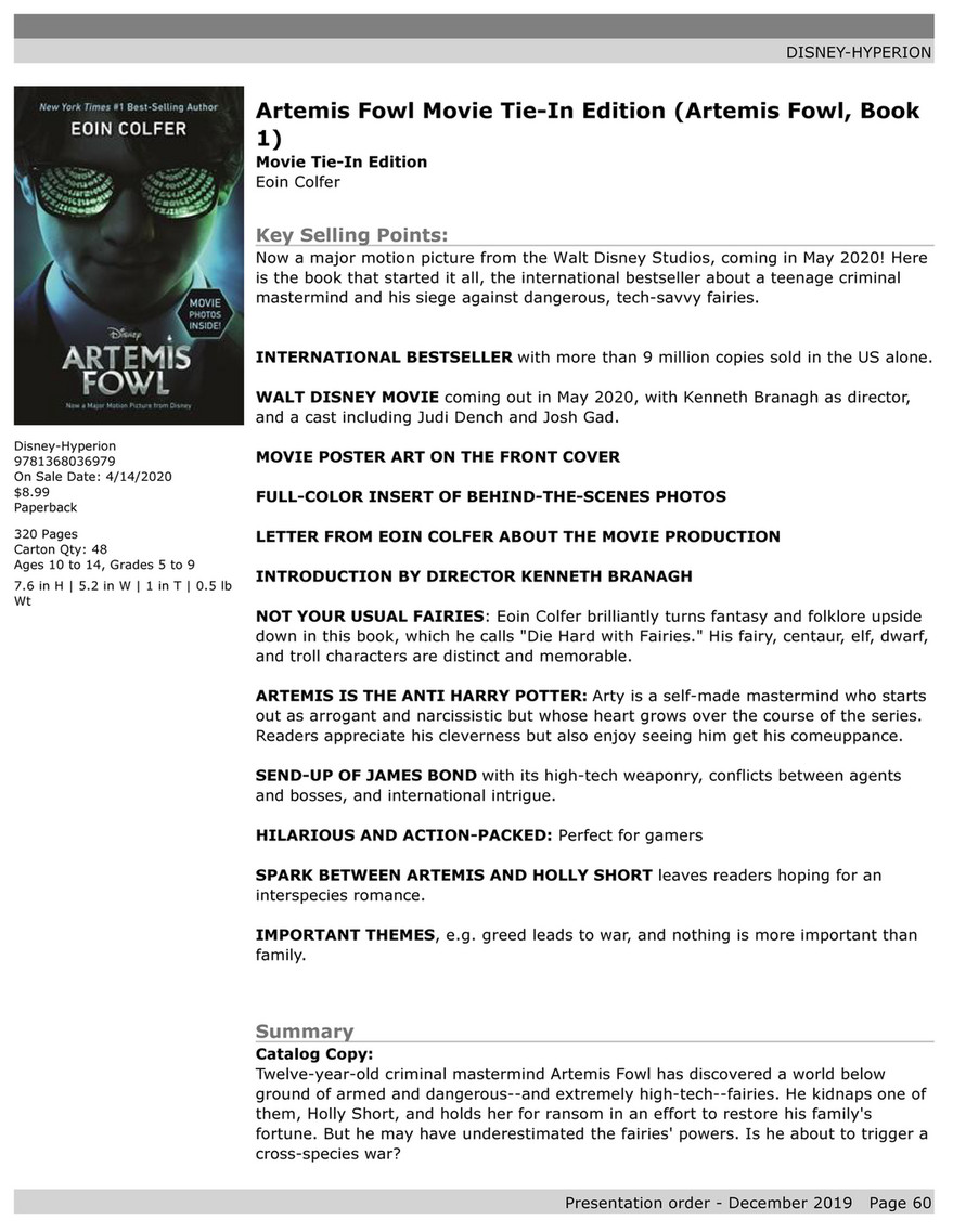 Artemis Fowl Movie Tie-In Edition (Artemis Fowl, Book 1) By Walt Disney US  Book